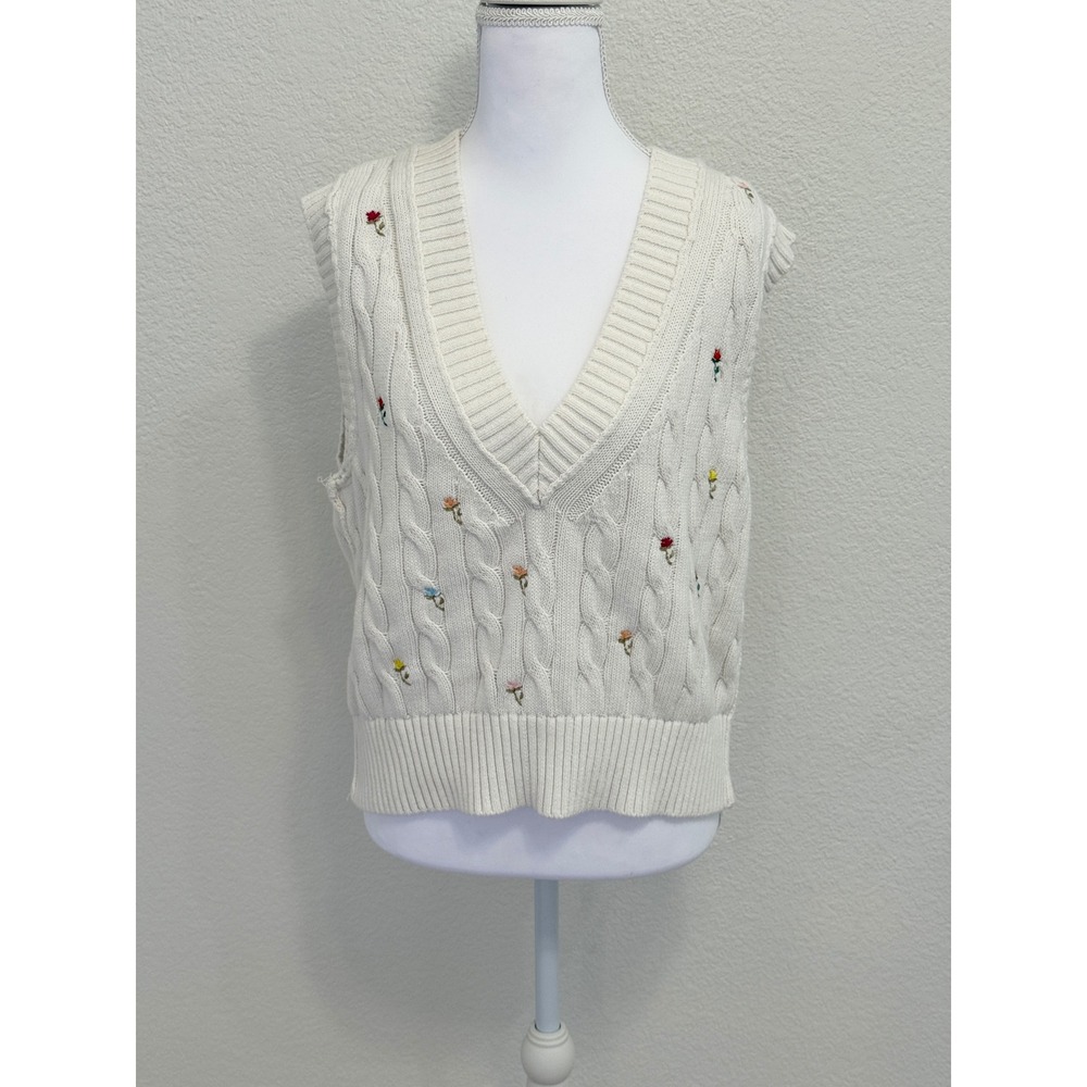Free People Embroidered Cable Knit Sweater Vest Ivory Floral V-Neck Medium